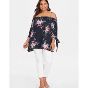 Zaful Women XL Blue Pink Cold Shoulder Floral 3/4 Sleeve Tunic Blouse Top